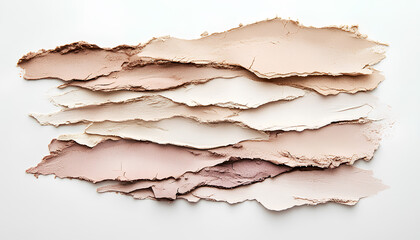 Fototapeta premium Top view of smeared and crushed makeup powders in beige, rose, and mauve tones, cosmetic texture swatches on white background