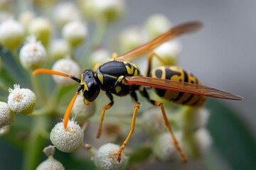 Wasp resting on a flower, detailed close-up capturing intricate patterns and vibrant colors, showcasing nature's beauty and insect wildlife