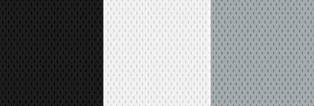 3 Hockey Jersey Mesh Seamless Vector Patterns in Black, White and Silver Gray. Tricolore Sports Background. Athletic Fabric Texture Close-Up. Breathable and Moisture Wicking Sportswear Textile.
