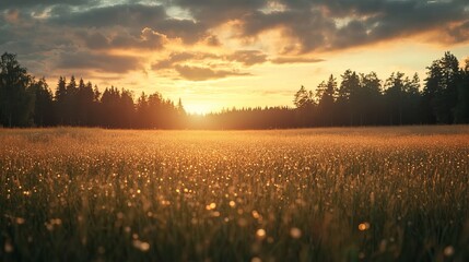 Obraz premium Golden sunset over serene meadow landscape with trees sky day calm warm view dawn field grass rural