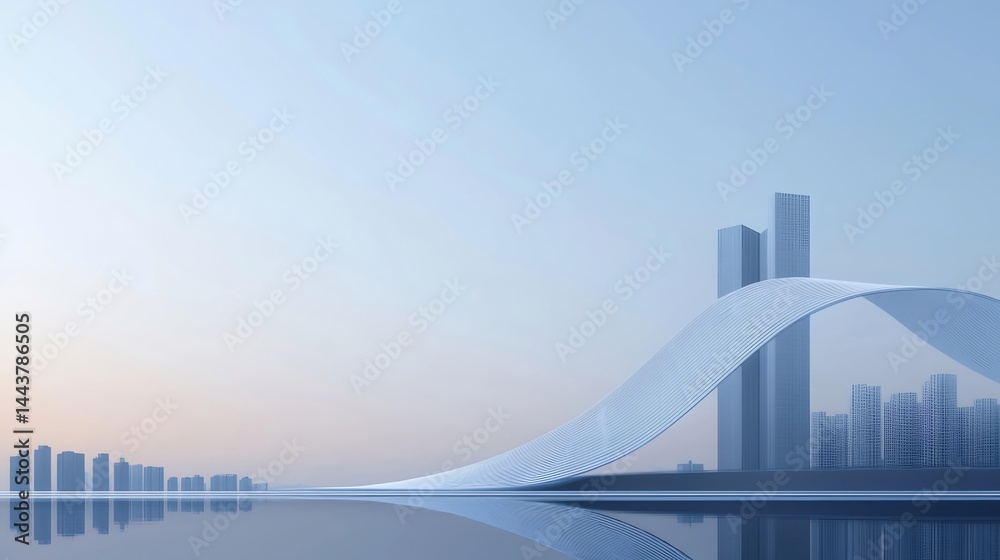 Poster 青空の下 都会の風景 抽象的な構造物と水面の反射 美しいモダンデザインの都市景観