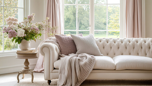 English style cottage interior in romantic colours, delicate patterns, vintage furnishings, evoking the timeless charm and tranquillity of a classic countryside