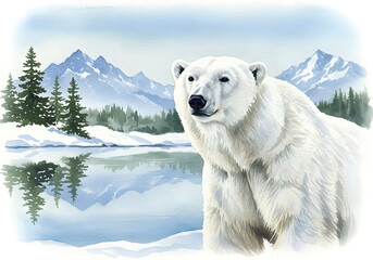 Naklejka premium Majestic Polar Bear in Snowy Arctic Landscape Watercolor Painting with Mountains and Winter Scene.