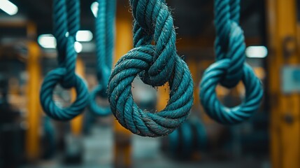 Gym rings hanging, knotted rope focused center