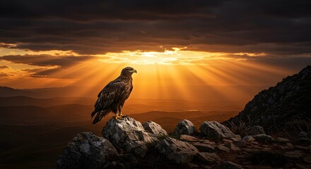 Fototapeta premium Eagle Perched on Rocks at Sunset with Sun Rays