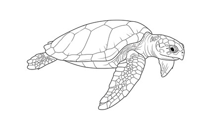 Detailed line art illustration of a sea turtle swimming underwater in black and white for educational or design purposes