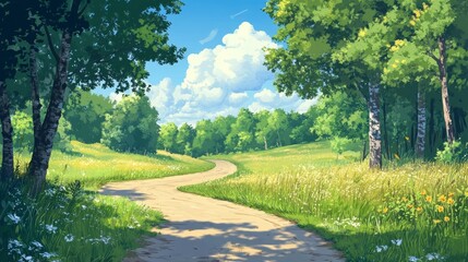 Obraz premium Green summer forest road perspective.