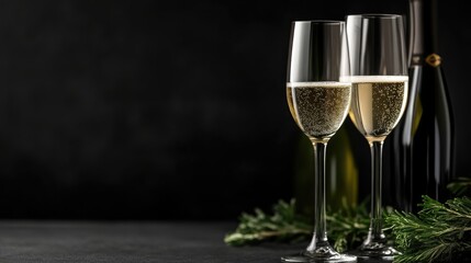 Champagne flutes on dark background