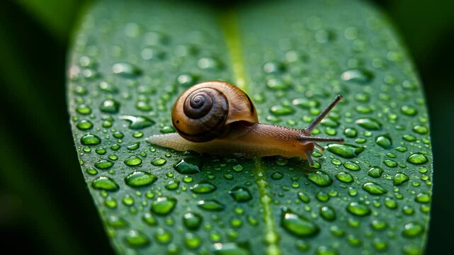 Close-up of a small snail with wet shell crawling on a green leaf with water droplets after rain