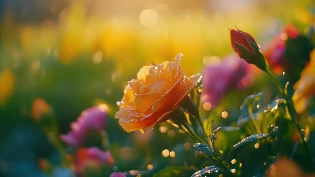 A single yellow rose grows amidst a field of colorful flowers, perfect for nature-inspired designs and concepts