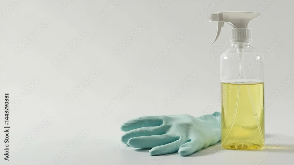 Poster a bottle of cleaning liquid sits next to a gloved hand, ideal for use in various settings such as of