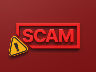 3d red word SCAM. Yellow triangle attention sign with exclamation mark. SCAM alert concept. Red glossy plastic letters on dark red background