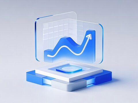 透明なガラス構造の青いグラフ 白いプラットフォーム上の成長指標 3Dレンダリング