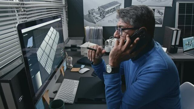 Side shot of mature male engineer sitting at desk with computer and talking on phone, discussing ways of enhancing digital solar power system model, developing sustainable technologies