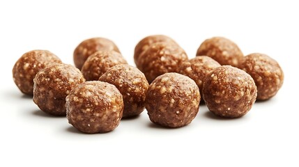 Close-up of multiple plain meatballs isolated on white background. Delicious and ready to serve or cook. Simple and clean presentation of National Meatball Day