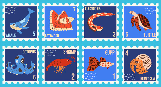 Aquatic stamps set with whale, betta fish, electric eel, turtle, octopus, shrimp, Guppi. Underwater elements with animals. Hand drawn  vector illustration.