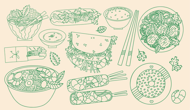 Asian cuisine vector doodle set. Street Vietnamese food. Pho, Goi Cuon, Banh Xeo, Bun Bo Hue. Traditional dishes cafe, restaurant.