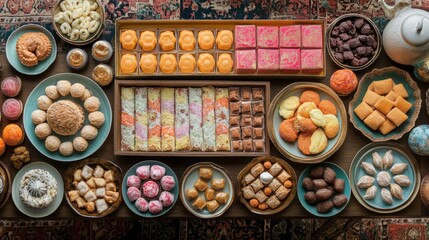Fototapeta premium Assorted Delicious Sweets Arranged On A Wooden Table