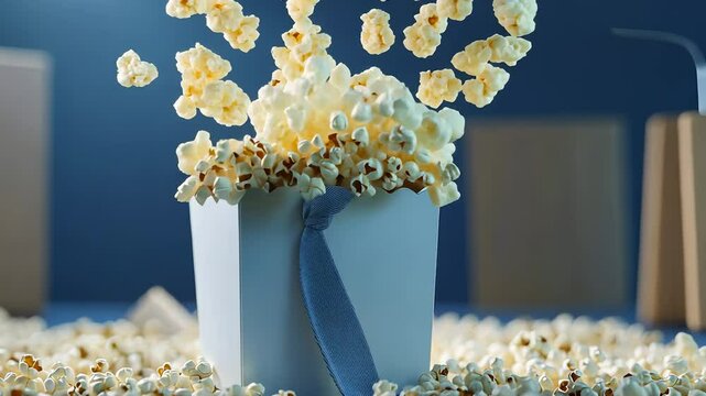 A white popcorn box with a blue fabric ribbon is filled with popcorn and set against a blurred blue background with scattered popcorn on the table.