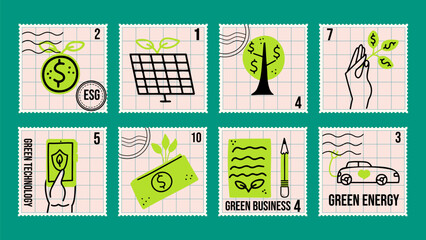 Environmental social governance postage stamp set. Green business collection with  green energy and technology.  Vector hand drawn design elements.