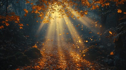 Autumnal forest path bathed in golden sunlight, with falling leaves