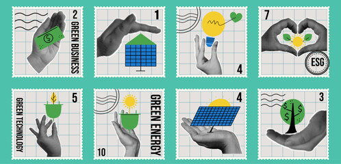 Environmental social governance postage stamp set. Green business collection with  green energy and technology. Halftone hands supporting sustainability.  Vector illustration in retro collage style. © Aliaksandra