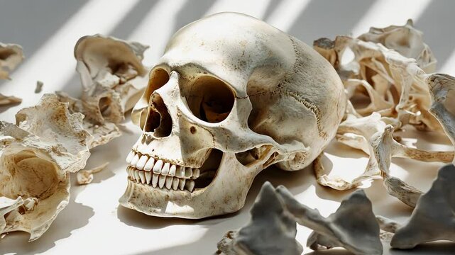 A human skull is resting on a surface surrounded by various bones. Sunlight creates stark shadows, highlighting the texture and structure of the bones in a dramatic setting.