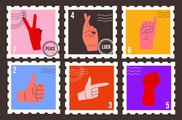 Set of stamps with different hand gestures. Peace sign, crossed fingers for luck, thumbs up. Colorful vector hand drawn symbolic illustrations