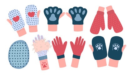 Pet grooming glove vector hand drawn set. Deshedding tool for cats and dogs.