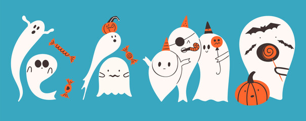 Obraz premium Set of cute hand drawn cartoon ghosts for happy halloween. Funny creepy graphic characters. Vector illustration
