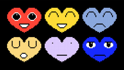 Set of colorful hearts with vivid emotions in pixel art style.Happy, sad, surprised romantic 8-bit icons
