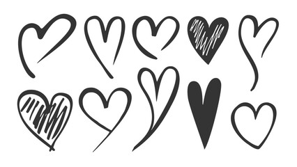 Set of hand drawn doodle black hearts of different shapes. Romantic elements for Valentine's day.