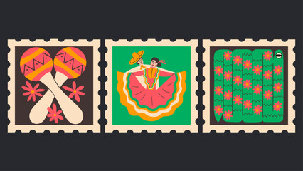 Cinco de Mayo festive postage stamps. Maracas, folk dancers and snake elements. Mexican heritage vector illustration.