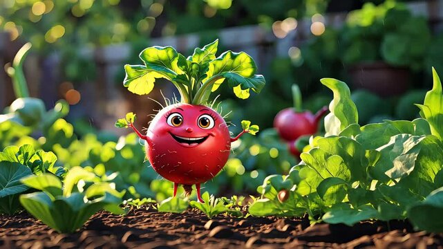 Happy cartoon radish character growing in vibrant green vegetable garden bed