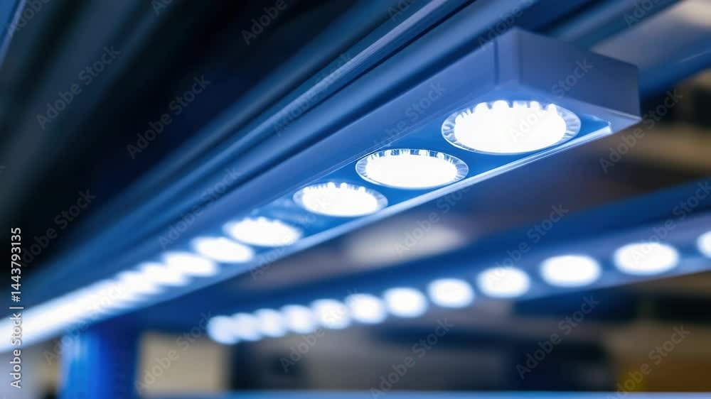 Poster A modern lighting system with multiple fixtures on a ceiling