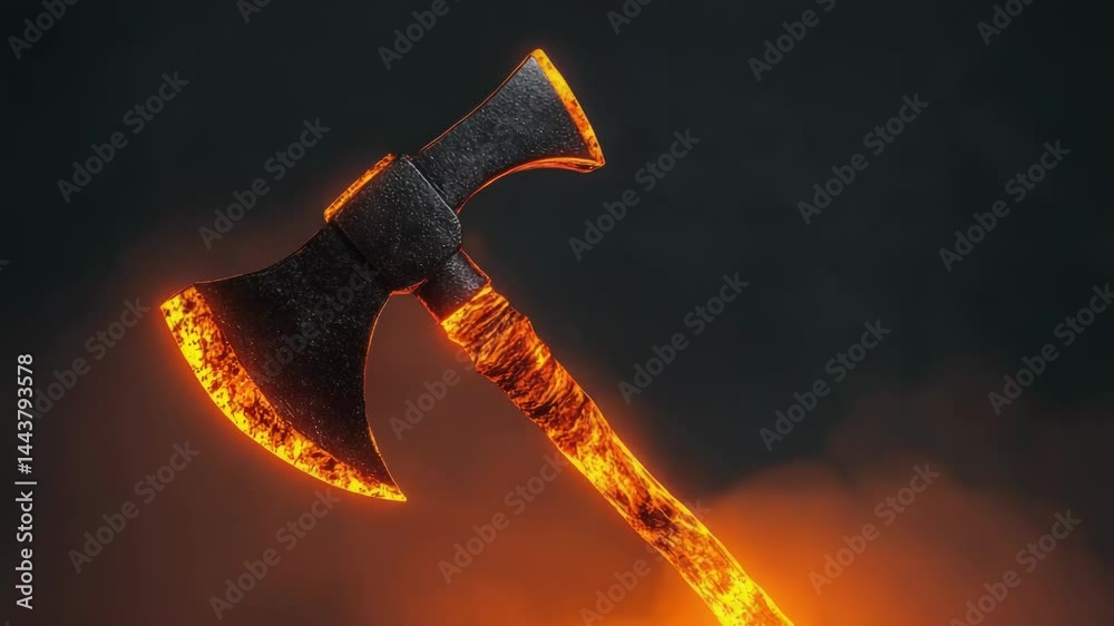 Poster a large fire axe with flames emerging from the blade