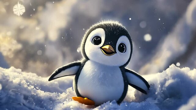 A small, animated baby penguin is sitting on snow, surrounded by a blurry background. It looks at the viewer with large eyes, suggesting innocence and curiosity.