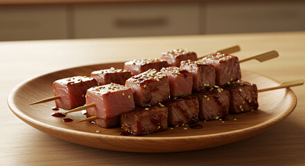 Grilled tuna skewers marinated with teriyaki, rustic wood plate background and warm afternoon kitchen lighting embracing scene.
