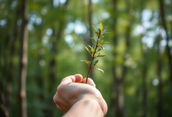 A hand gently cradles a young tree sapling against a softly blurred green forest background, background,  young plant