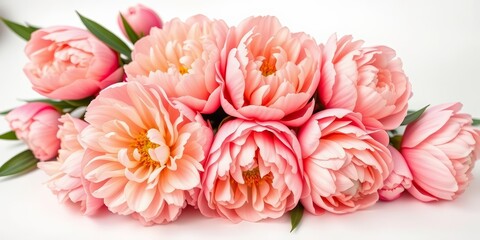 A lush bouquet of peach pink peonies, blossoms fully opened, rests on a pristine white background, pastel, floral design