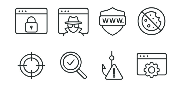 Line style icons of secure browsing: browser with lock, private tab, shielded URL, cookie blocker, anti-tracker, safe search icon, phishing alert, browser settings.