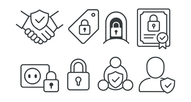 Line style icons of secure connections: handshake with shield, HTTPS tag, VPN tunnel, SSL certificate, secure socket, lock icon, network trust, verified identity.