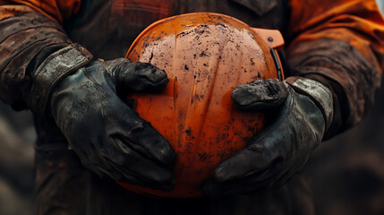 Fototapeta premium Worker Holding a Dirty Orange Hard Hat