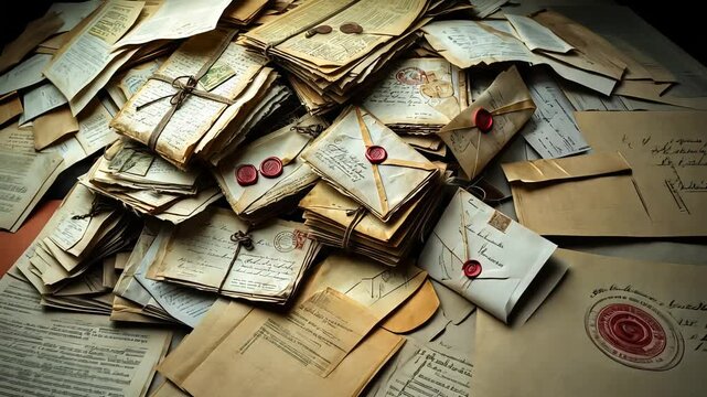 Vintage envelopes and handwritten letters stacked together with wax seals visible
