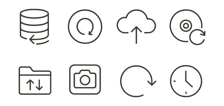 Line style icons of backup and recovery: data restore, backup icon, cloud backup, recovery disk, scheduled backup, sync folder, snapshot icon, rollback icon.