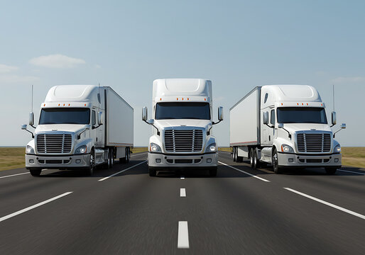 Three semi-trucks are driving down a highway on a beautiful sunny day under a clear sky.