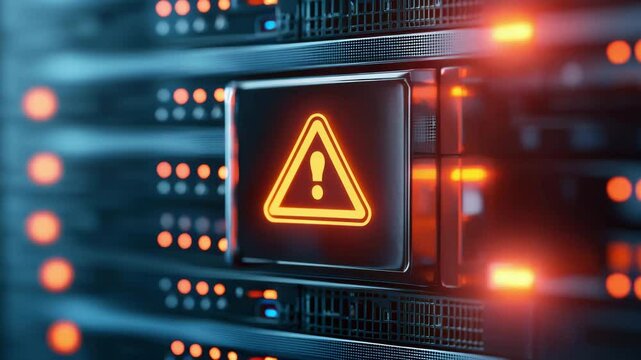 Warning alert on server hardware indicating error and warning signs in technology environment