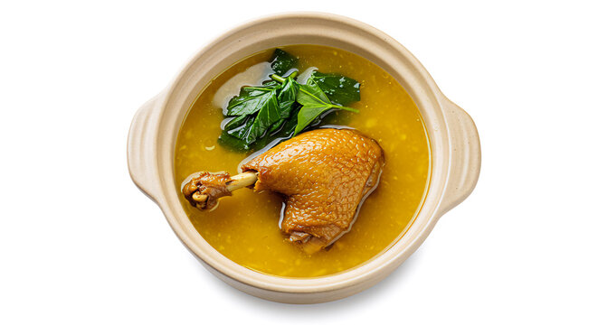 Pato no tucupi yellow broth, whole duck piece, jambu leaves floating, served in ceramic bowl, top-down white PNG

