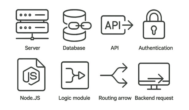 Line vector icons of backend development: server icon, database link, API route, authentication lock, Node.js file, logic module, routing arrow, backend request.