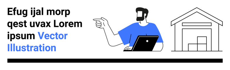 Man in blue shirt using laptop and pointing at warehouse structure. Ideal for logistics, e-commerce, delivery, warehouse management, business decision, online store, flat landing page banner